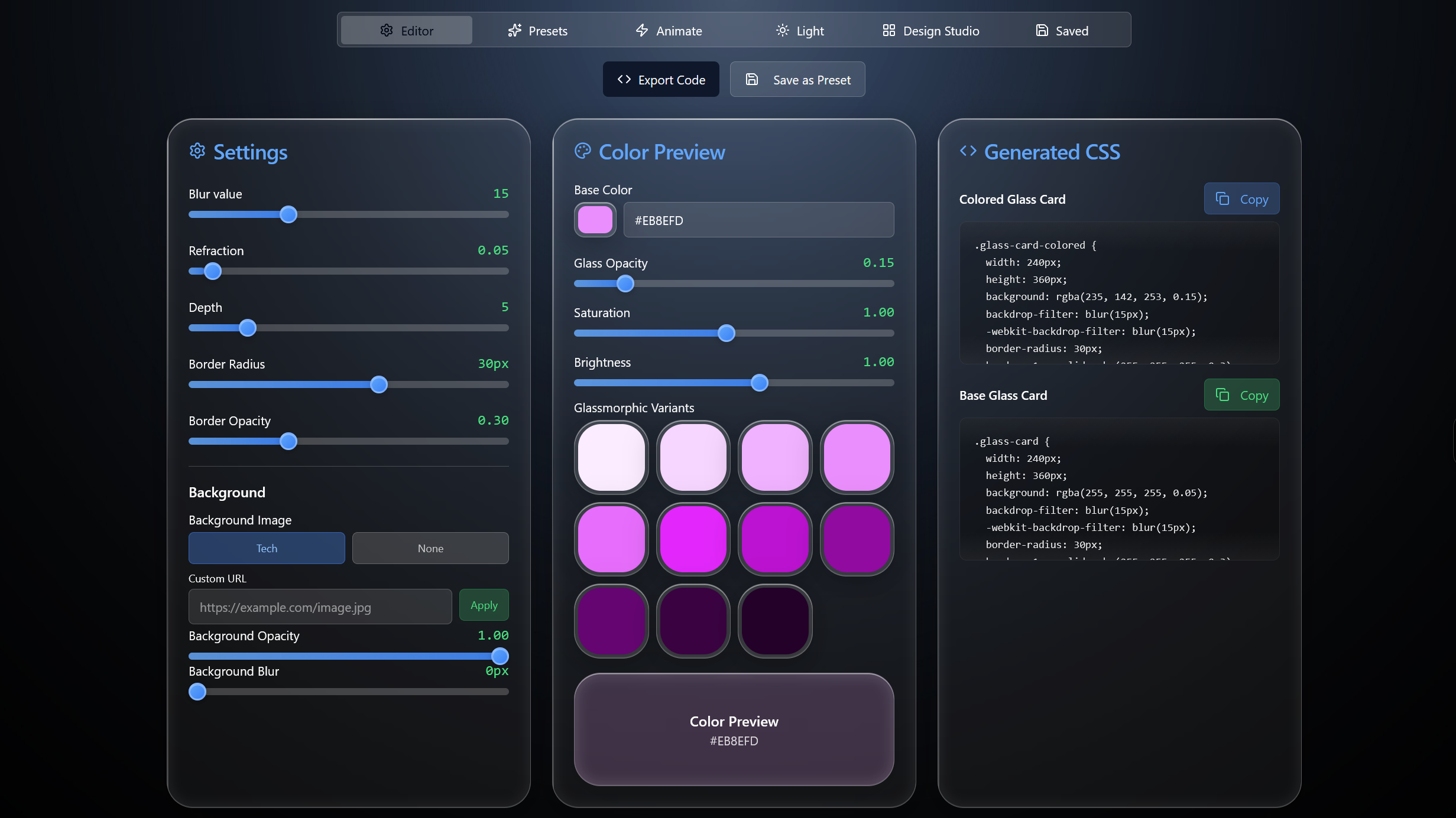 Glassmorphism Studio preview